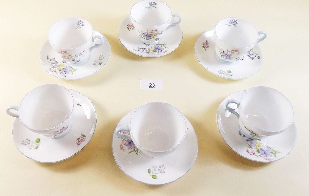A set of six 1930's Shelley 'Wild Flower' tea cups and saucers