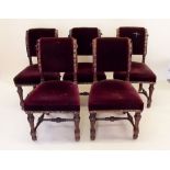 Five red velvet upholstered William and Mary style dining chairs
