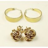 A pair of 9 carat gold rope twist earrings - 2.9g, and a pair of 14 carat gold hoop earrings, 2.2g