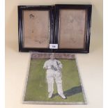 An oil on board of Jack Hobbs by George Dale - 20 x 25cm, and two 19th century cricketing prints -