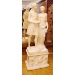 A Victorian alabaster group of classical woman and man on sarcophagus base - 50cm tall