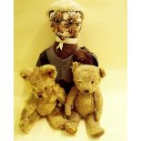 Two vintage teddy bears and a toy owl dressed as barrister