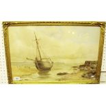 A Victorian watercolour coastal scene with fishing boat at anchor - 33 x 52cm