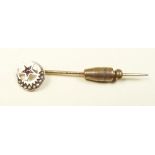 A Victorian 9 carat gold seed pearl and garnet set moon and star stick pin, Chester 1900