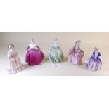 Three small Coalport figurines and two small Royal Doulton figurines