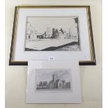 A pen and ink of Gloucester Street, and an engraving of St Mary de Lode, Gloucester