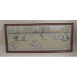 A large framed and glazed cartoon of pigs playing cricket wearing MCC caps, monogrammed 'PB 71' 30 x