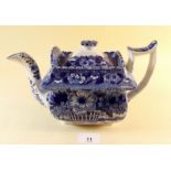 A blue and white transfer print Pearlware oblong shaped teapot c.1820