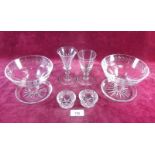 A pair of crystal sweet meat dishes, two Victorian drinking glasses and a pair of cut glass salts