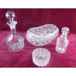 A large cut glass oval flower bowl, two cut glass decanters and a Tom Bohemia glass bowl - boxed