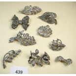 Nine vintage marcasite brooches