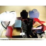 A box of assorted jewellery boxes, bags and stands etc