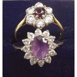 A 9 cart gold amethyst and white stone ring, and a 9 carat gold garnet cluster ring