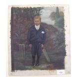 A Victorian photo of a small boy with cricket stumps bat and ball, hand painted over