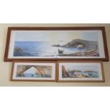 Ghan Lapesi - watercolour coastal boat scene 22 x 64cm, and two other smaller watercolour coastal