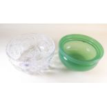 A cut glass bowl and a green glass bowl with pontil mark