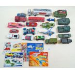 A Dinky Esso articulated tanker, a Bedford flatbed lorry, No 234 Ferrari, VW Beetle, AEC Bus,