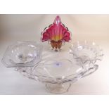 Three moulded glass bowls and a red and amber Murano style vase