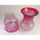 Two Victorian cranberry tinted glass oil lamp shades