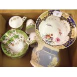 A floral bowl, a green painted and floral coffee set of five cups and saucers, a Spode Fortuna