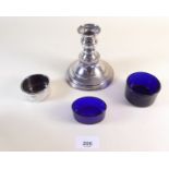 A Georgian silver cruet liner and two other blue glass cruet liners plus a silver plate on copper