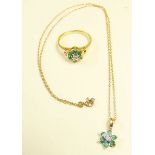 A 9 carat gold emerald and diamond ring, size K - L, a 9 carat gold emerald and diamond pendant