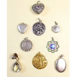 A group of nine silver lockets and pendants including enamelled ones