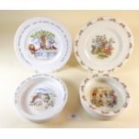 A Royal Doulton Bunnykins childs bowl and plate and a Johnsons Alice in Wonderland bowl and plate