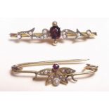 An Edwardian yellow metal bar brooch and a 9 carat gold bar brooch set garnet and seed pearls