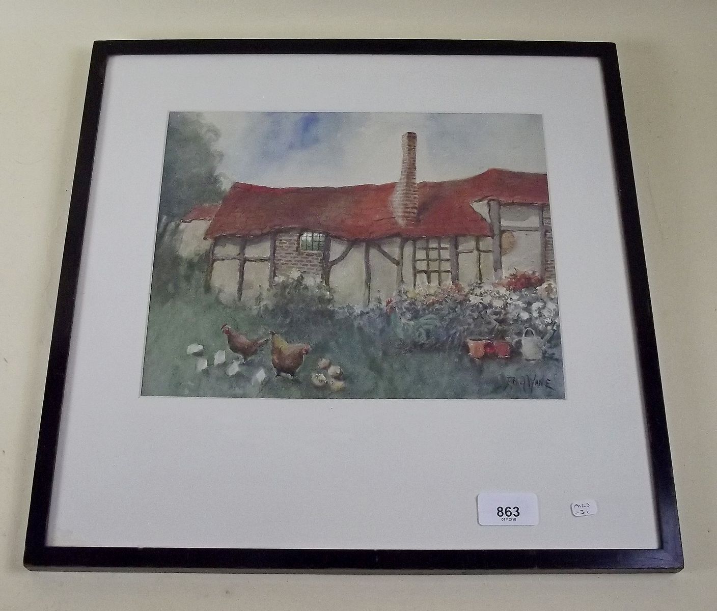 Ethel Wane (1875 - 1963) - watercolour black and white country cottage, framed and glazed