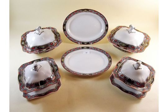 A late 19th century Soho Pottery 'Satsuma' pattern dinner service with black and red floral border - Image 1 of 2