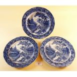 Three blue and white transfer print pearlware plates 'Bridge and Pagoda' pattern c.1800