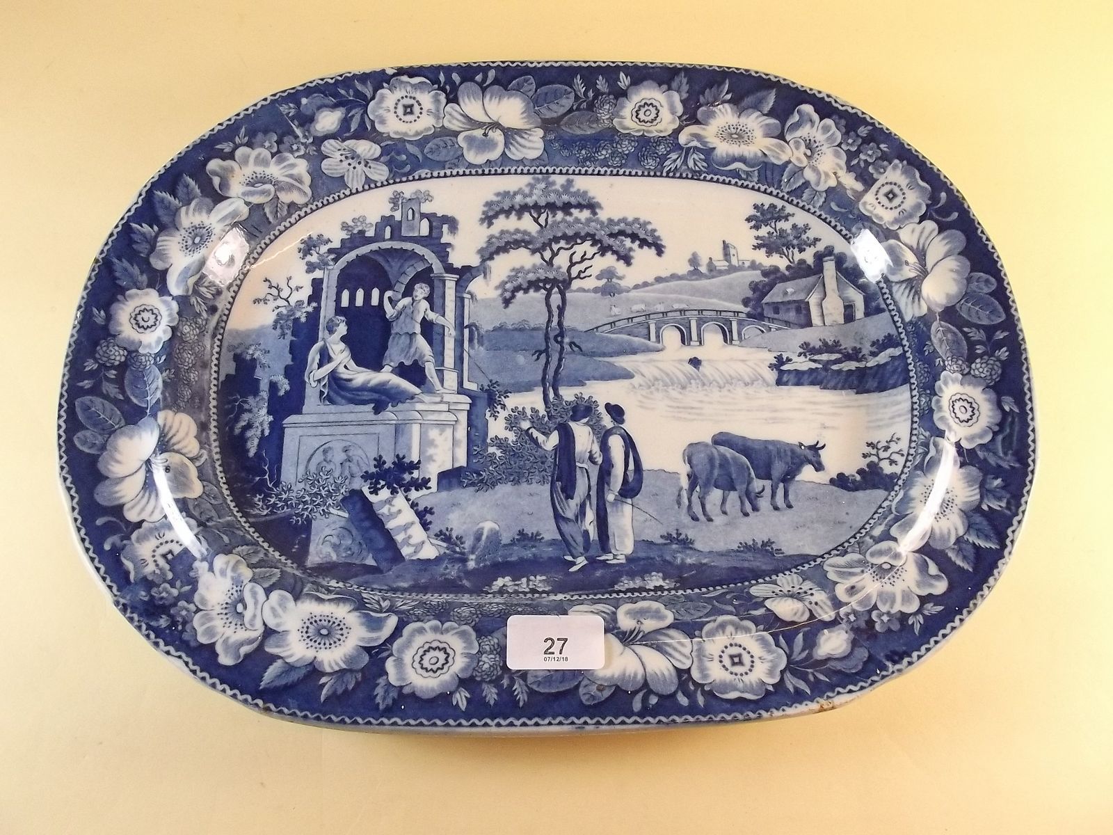 A large blue and white transfer print platter 'Philosphical' pattern c.1820