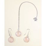 A pair of silver set rose quartz earrings and matching pendant