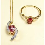 A 9k gold ring set pink tourmaline and a 9k gold pendant set pink tourmaline and diamond pendant