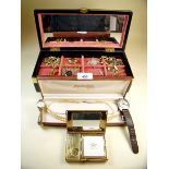 A jewellery box containing costume jewellery including Pompadour simulated pearls, watches,