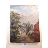 A small early 19th century oil painting village scene 'The New Inn' by J Bennet, unframed - 18 x