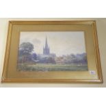 R S Rogers - watercolour of Salisbury Cathedral with on-going cricket match taking place 1899 -