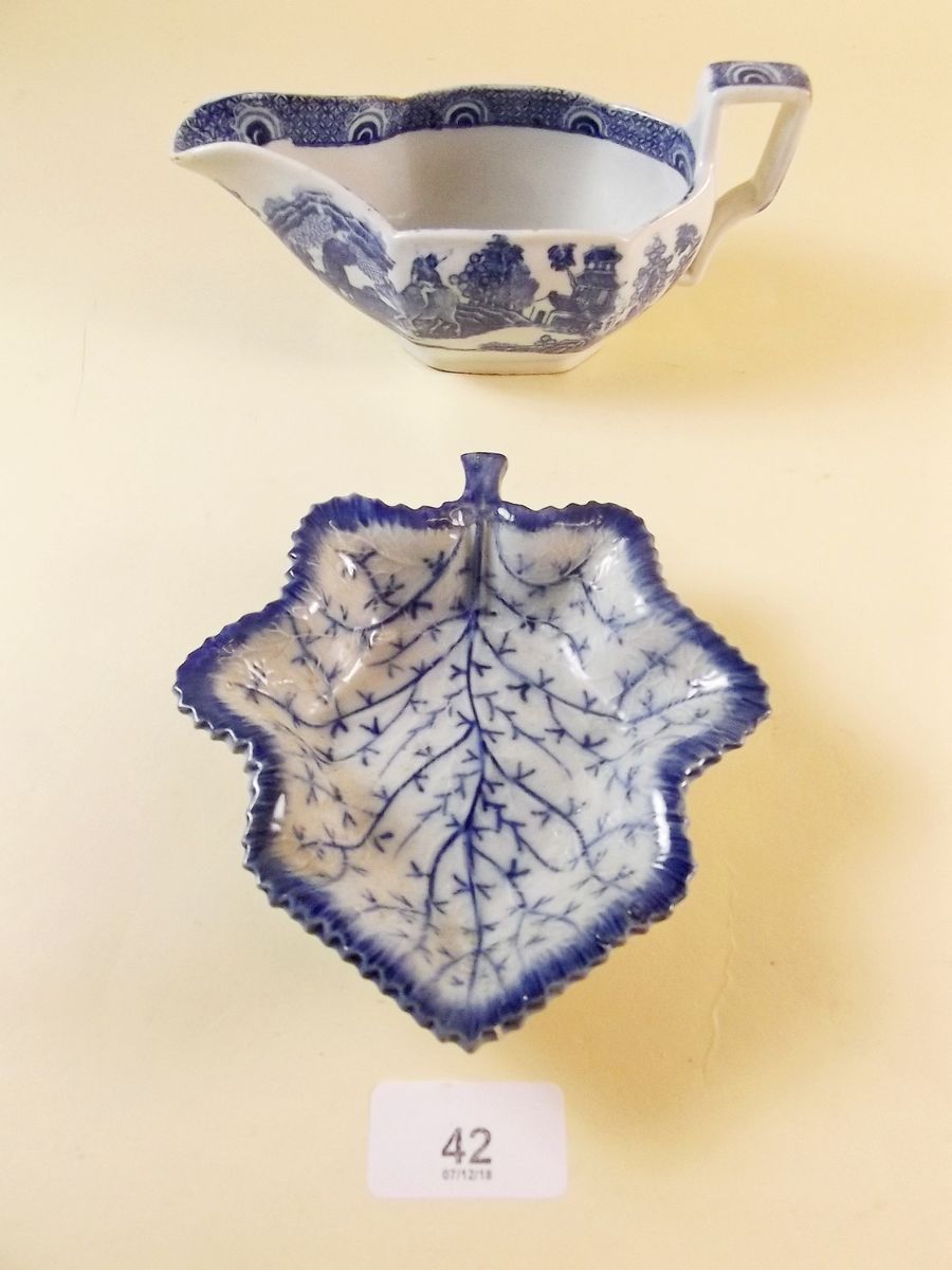 A blue and white Pearlware sauce boat and pickle dish c.1790