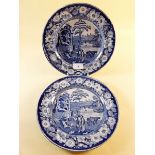 A pair of blue and white Pearlware transfer print plates in the 'Philosopher' pattern c.1820