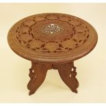 A small circular wood table decorative inlay centre - 38cm high