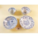 Two blue and white transfer print child's cups and saucers c.1820 - 1835