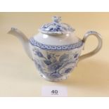 A small blue and white Pearlware teapot with peony and rose pattern c.1810 - 11cm high