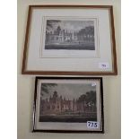Two small early 19th century cricket prints of The Charterhouse, London - hand tinted, framed and