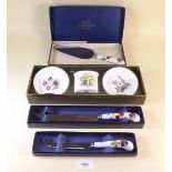 A Royal Worcester cake knife, cheese knife, cake slice - all boxed, and a boxed set of two pin