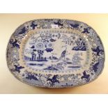 A blue and white transfer print meat plate 'Crane Pattern' c.1830