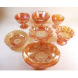 A group of Carnival glass items including various bowls etc