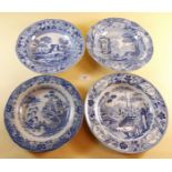 A collection of four blue and white transfer print Pearlware soup plates including Spode and
