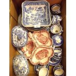 A group of blue and white china including various plates, two sauce tureens, bowl etc