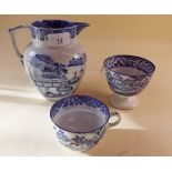 A blue and white Pearlware transfer print cup, bowl and jug c.1800 - 1820